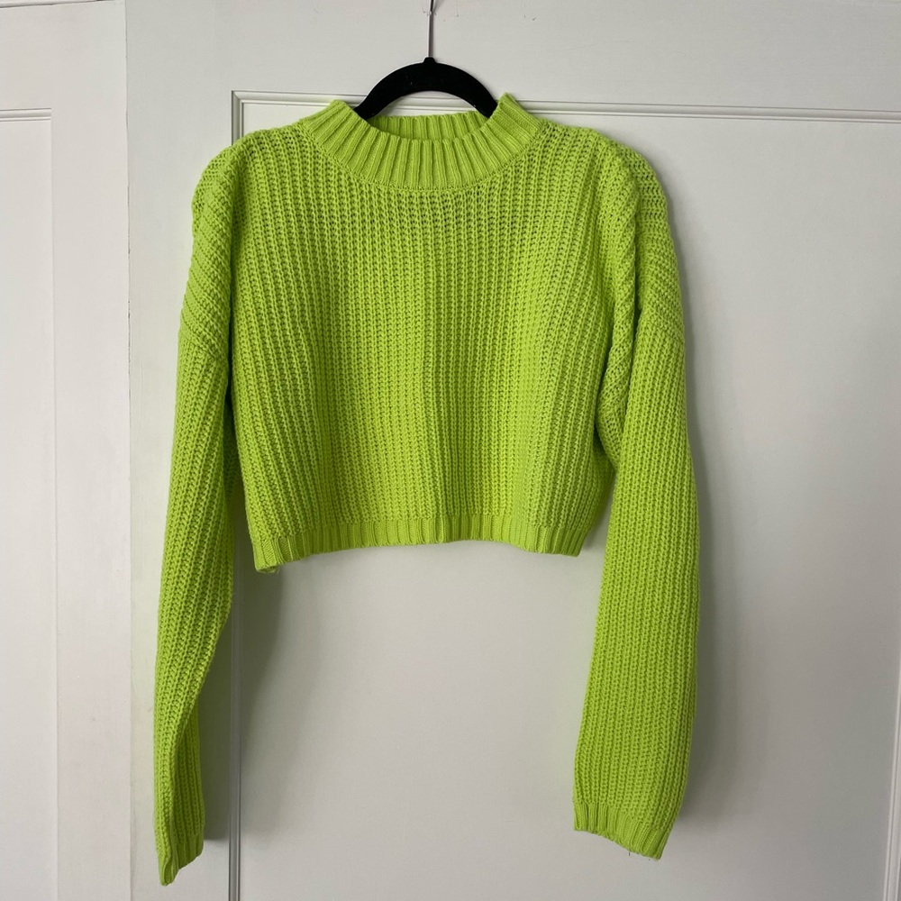Lime green cropped mock neck sweater.